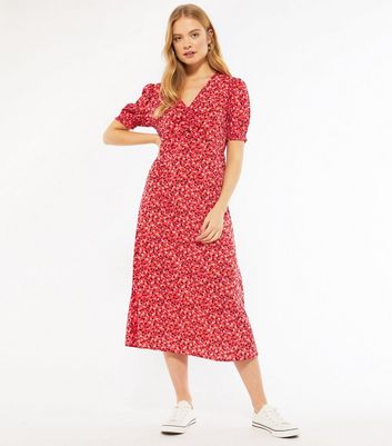 Red Ditsy Floral Short Puff Sleeve Midi ...